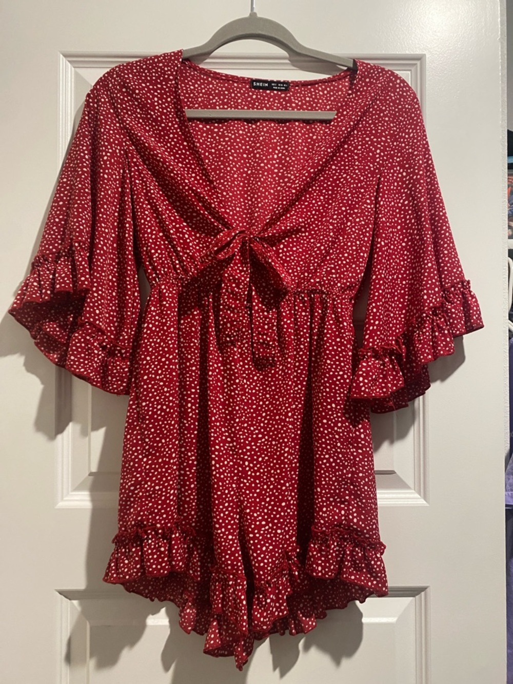 SHEIN Red Polka Dot Tie-Front Ruffle Romper